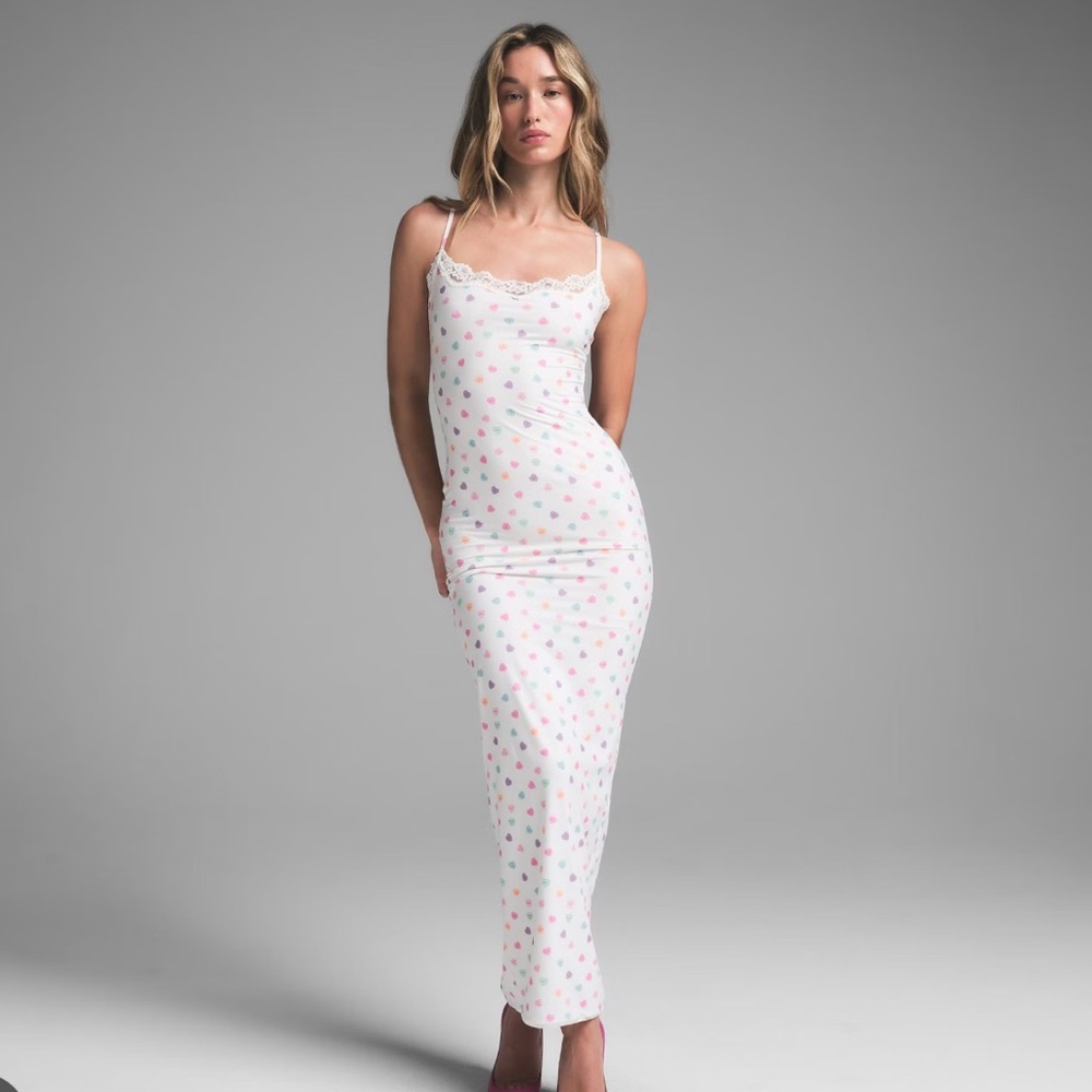 Skims fit everybody lace long slip dress candy heart S